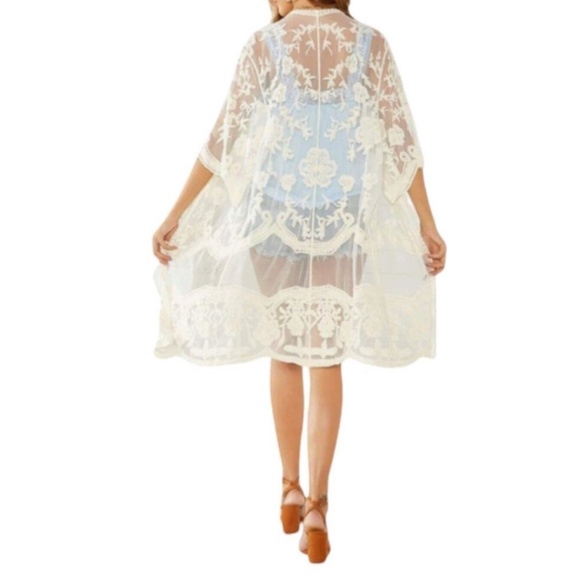 Adiva Boho Embroidered Lace Kimono Open Front Bell Sleeves Sz L - Picture 1 of 8